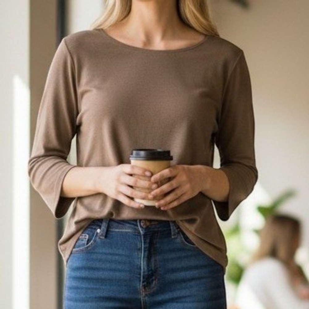 Talbots Tee XL Brown Excellent 100% Pima Cotton 3/4 Sleeve Boat Neck Top